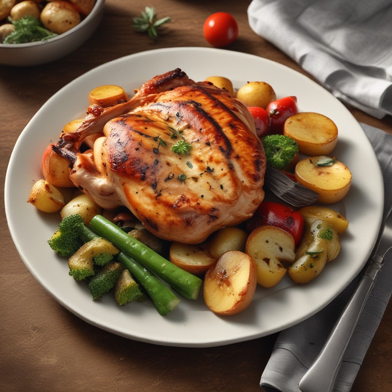 Gegrilltes Hähnchen mit Kartoffeln und Gemüse