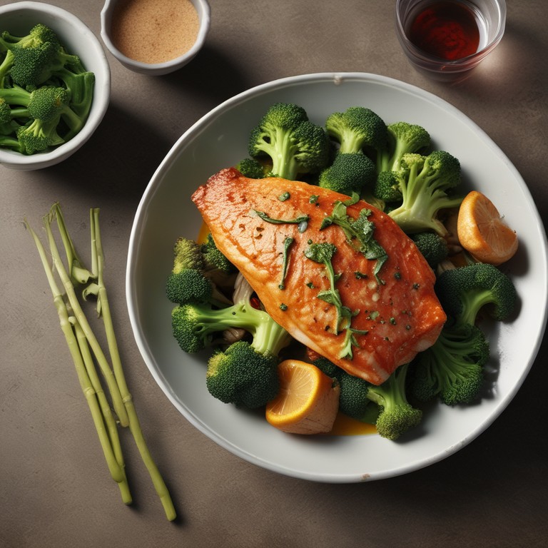Gebratener Fisch mit Brokkoli in Thai-Sauce