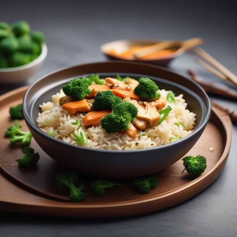 Asiatische Reispfanne mit Brokkoli und Fisch