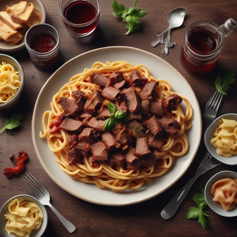 Macarrão com Molho de Vinho Tinto e Carne em Tiras