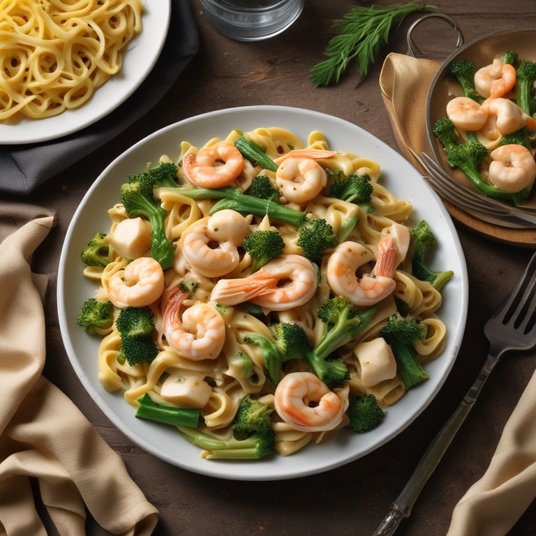 Creamy Chicken and Shrimp Pasta with Cheesy Broccoli and Asparagus