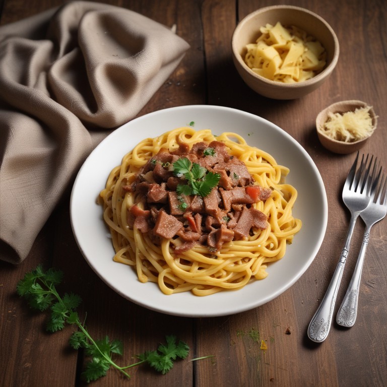 Macarrão com Batata e Carne Desfiada