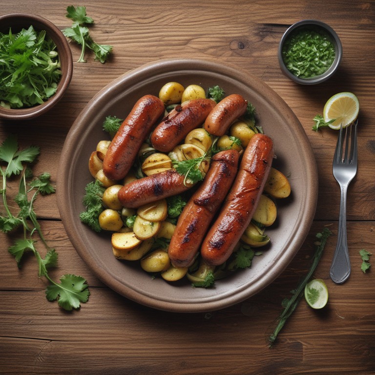 Bratwurst mit Zucchini und Bratkartoffeln