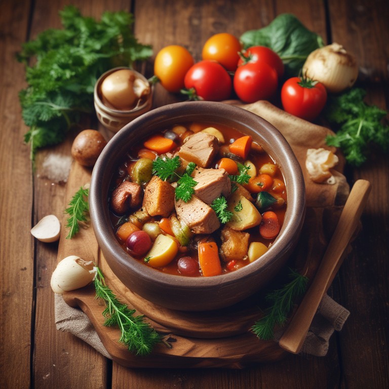 Сытный овощной рагу с курицей и колбасой