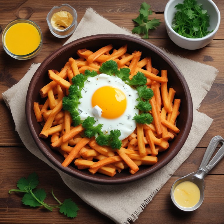 Zoete Aardappel Frieten met Pasta en Eieren in Romige Saus