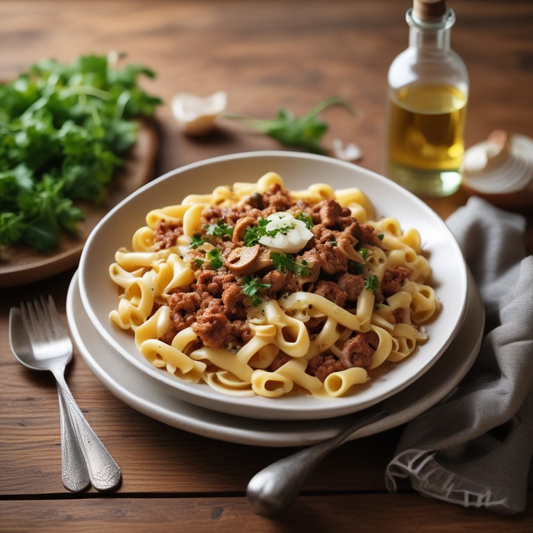 Cremige Hackfleisch-Nudeln mit Zwiebeln und Knoblauch