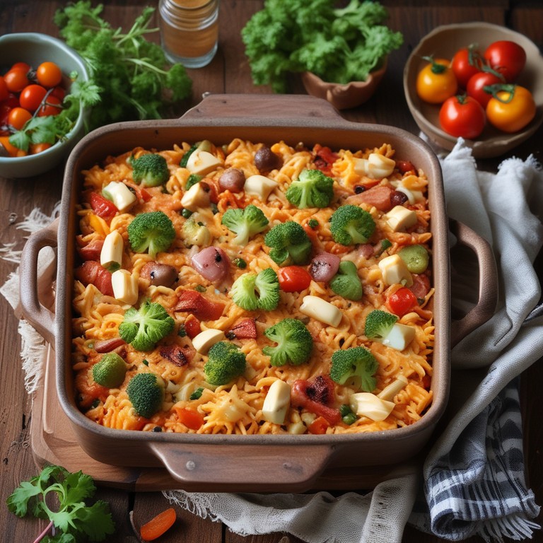 Cheesy Bacon Rice Pasta Bake with Veggies and Halloumi