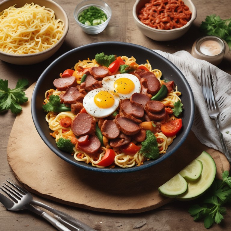 Sausage and Vegetable Stir-Fry with Rice and Spaghetti