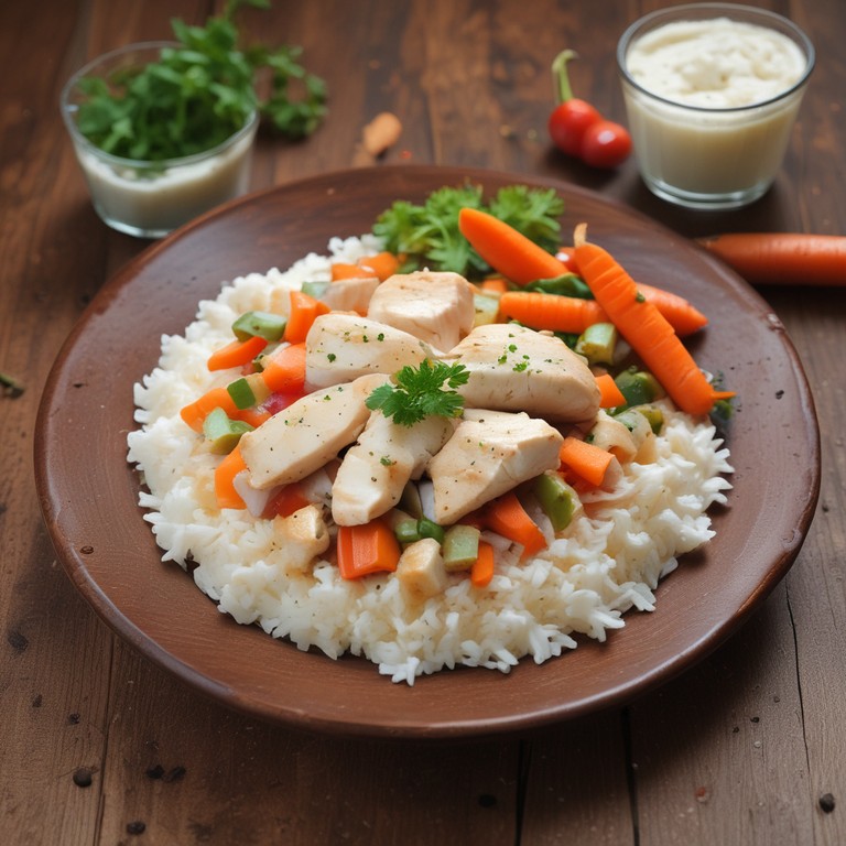 Куриное филе в сливочном соусе с рисом и овощами