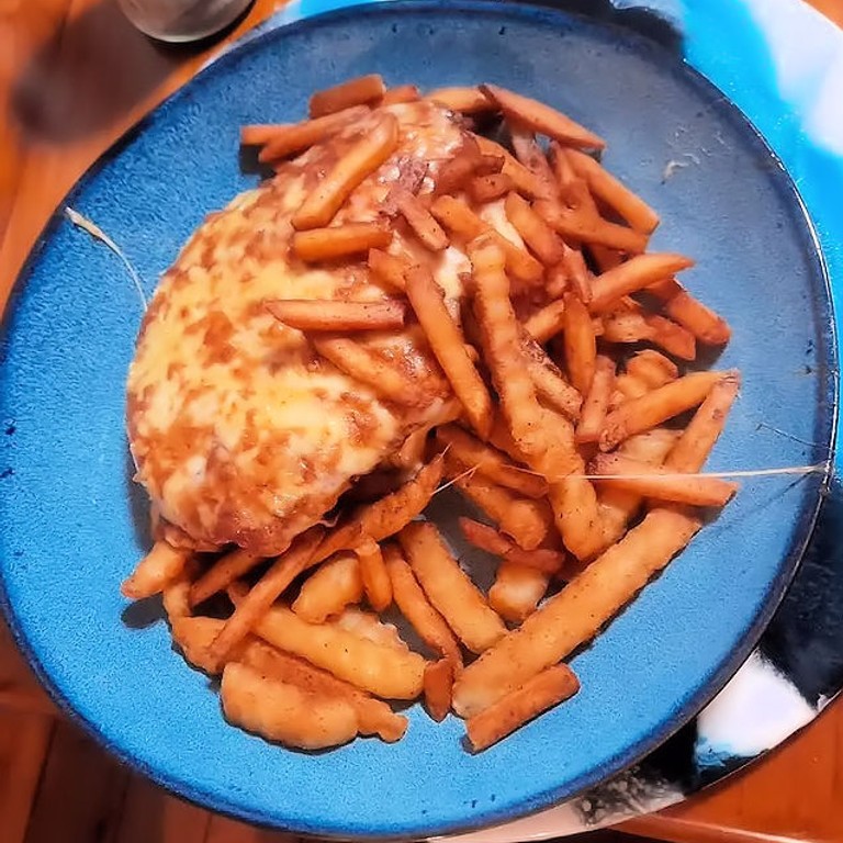 Chicken Parmesan with Jai's Drop 23 Chilli Bourbon Sauce and Hot Chips