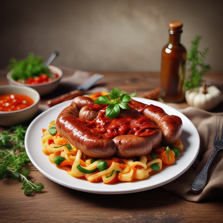 Говяжьи колбаски с овощами в томатном соусе и пюре