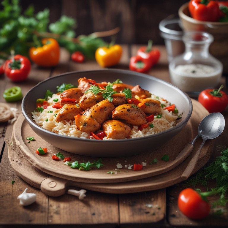 Paprika-Hähnchen mit Reis und Gemüse