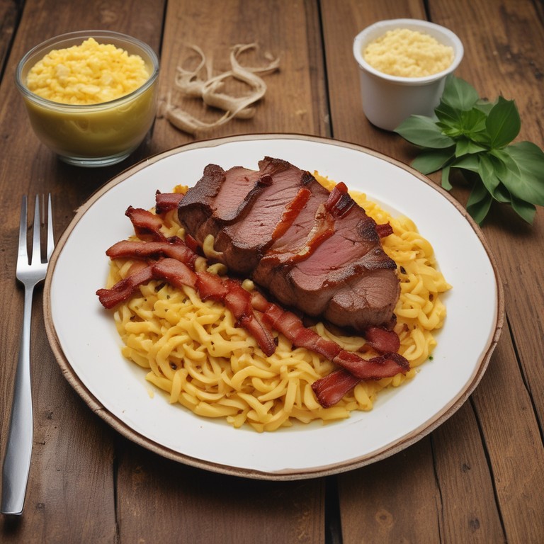 Bife Bovino com Arroz Cremoso e Macarrão ao Bacon