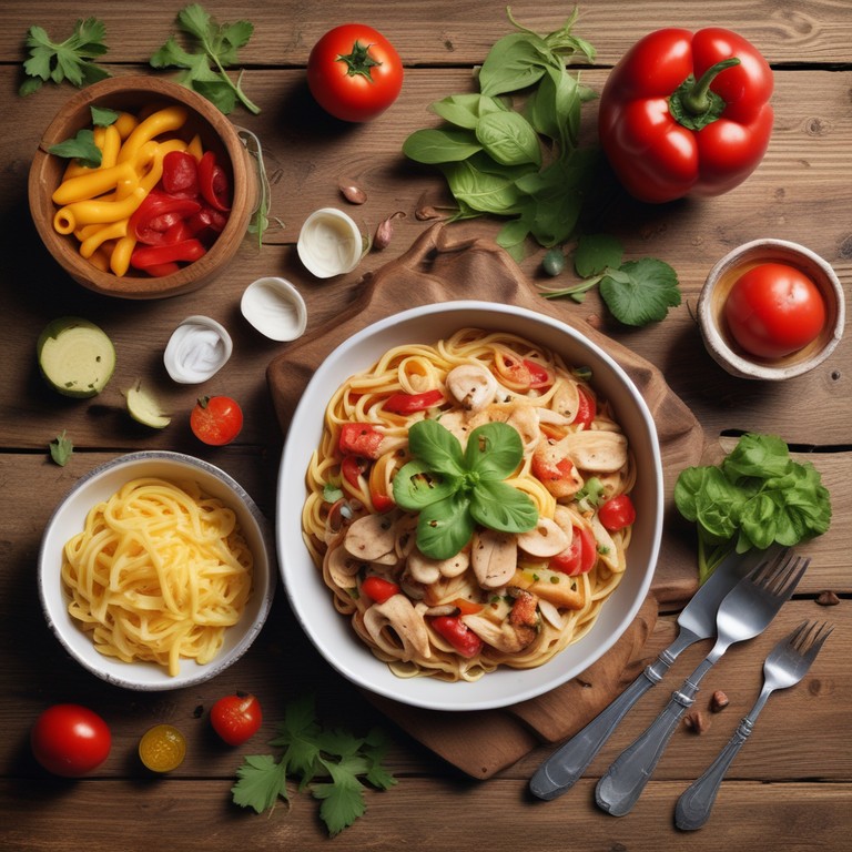 Hühnchen-Spaghetti mit frischem Gemüse und Käse