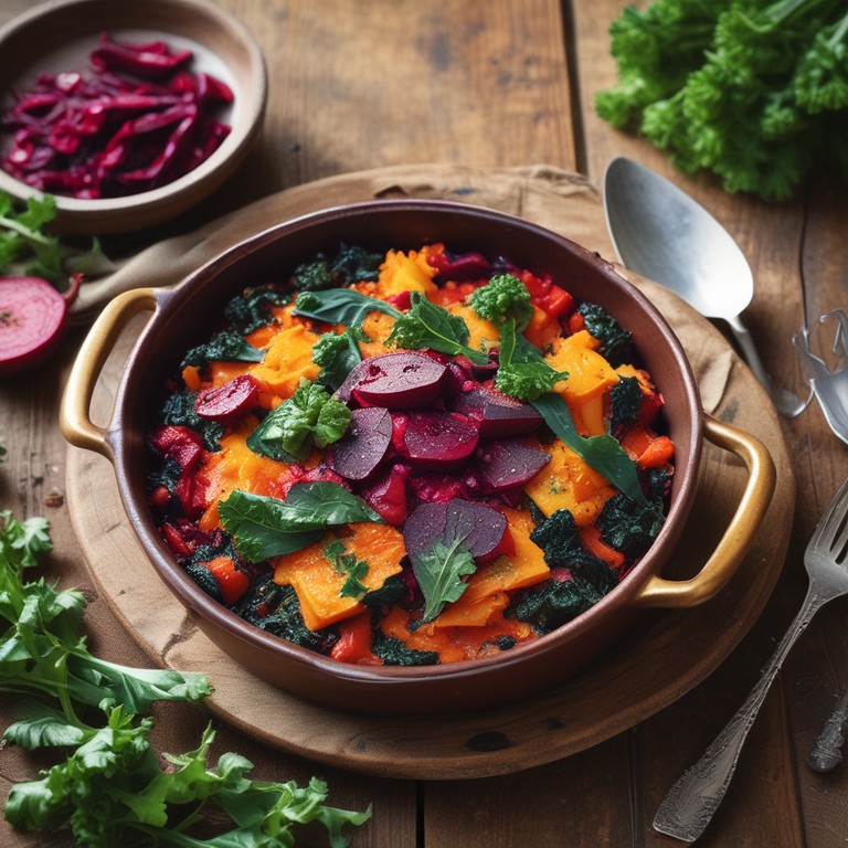 Herzhafter Mangold-Rote Beete-Kürbis Auflauf
