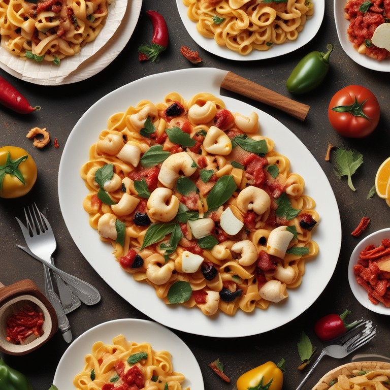 Pasta Tortiglioni con Camarones, Tocino y Verduras