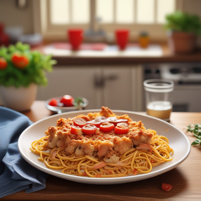 Сытный запеканка с макаронами и куриными стрипсами