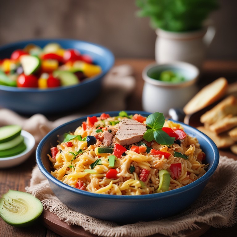 Mediterraner Reis-Pasta Auflauf mit Thunfisch und Gemüse