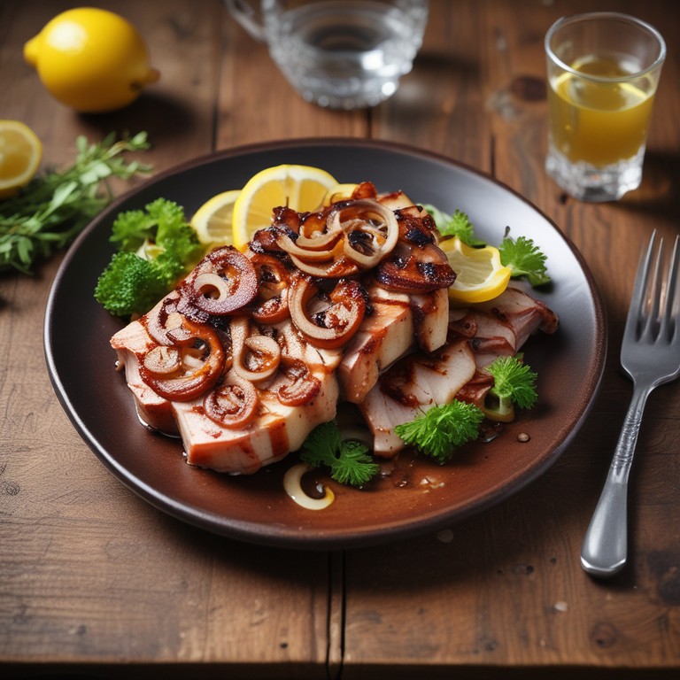 Pulpo y Cerdo Adobado a la Parrilla con Cebolla Caramelizada