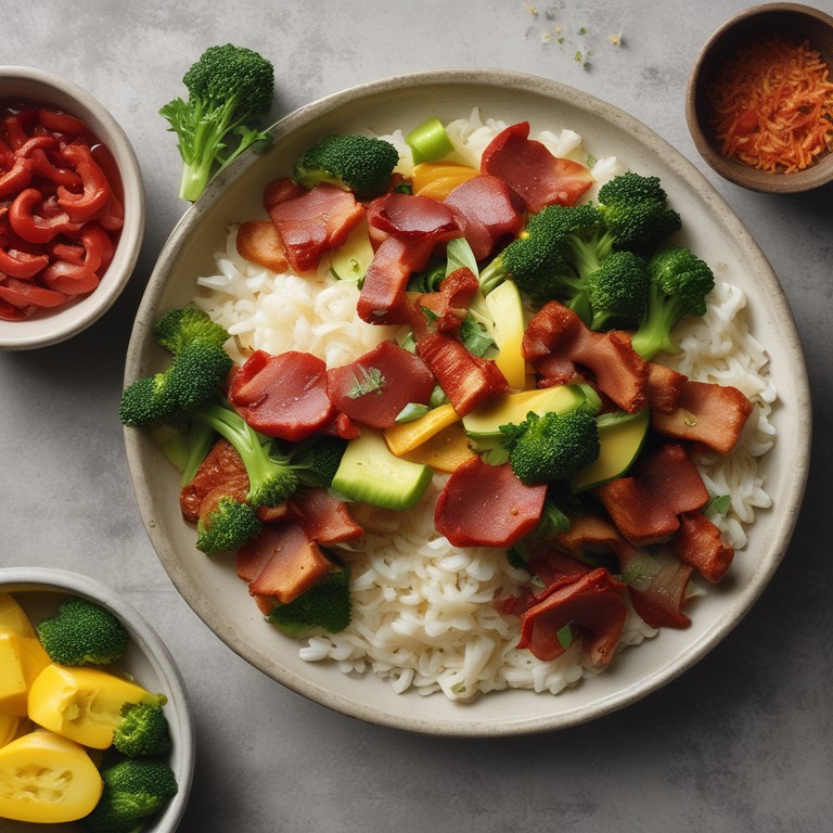 Chorizo and Bacon Rice Noodle Stir-Fry with Broccoli and Zucchini