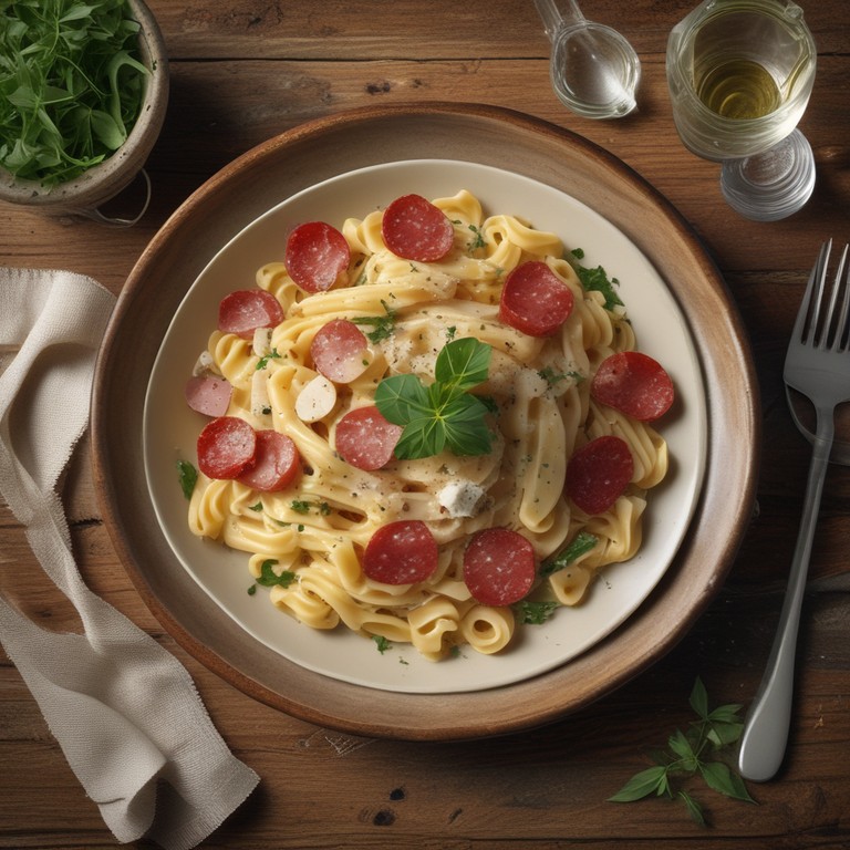 Nudeln mit Salami-Stücken und cremiger Sauce