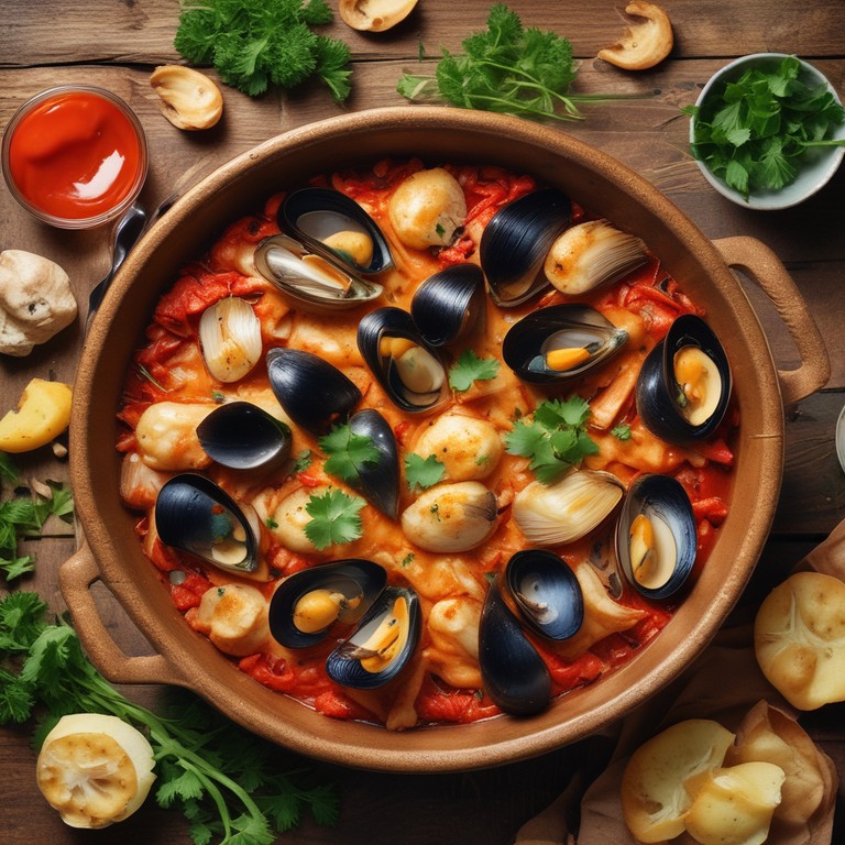 Mexilhão Gratinado com Batata Palha, Queijo e Delícias do Mar ao Molho de Tomate