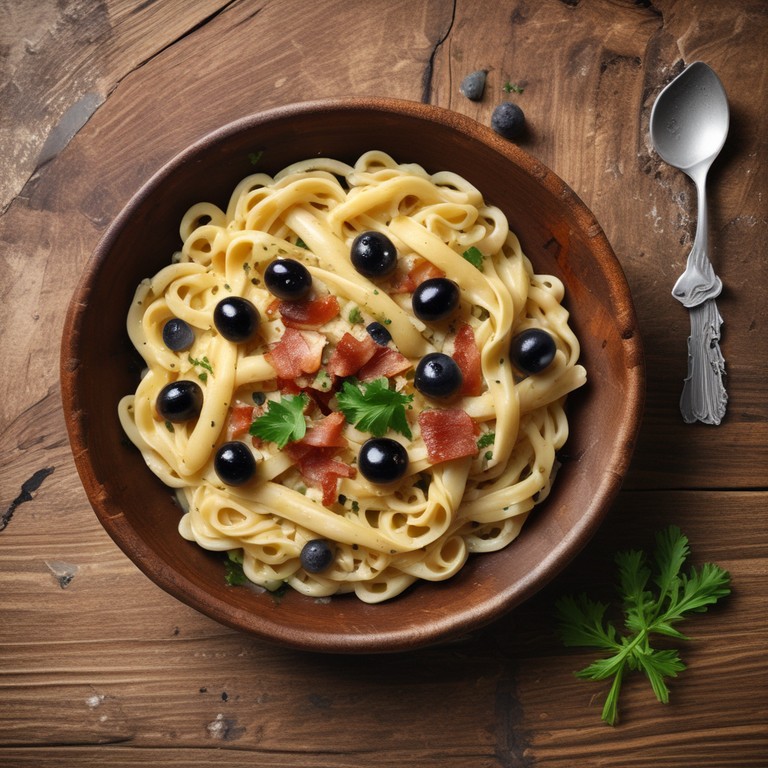 Macarrão Cremoso com Azeite, Azeitonas e Bacon