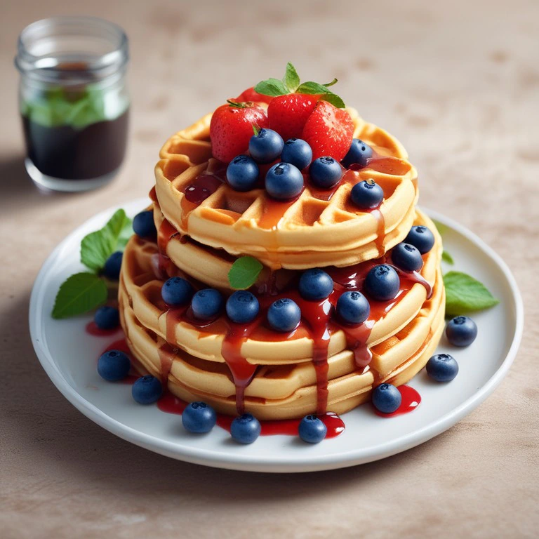 Fluffy Waffles with Fresh Strawberry Sauce and Blueberries