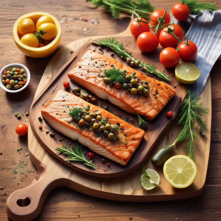 Gegrillter Lachs auf Zedernbrett mit mediterraner Kruste