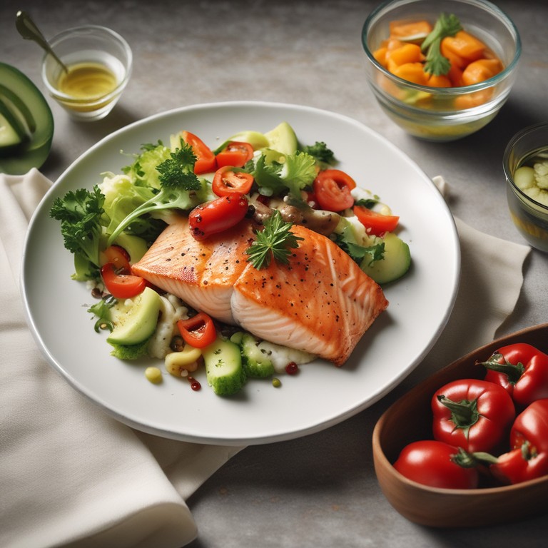 Savory Salmon with Creamy Cauliflower Mash and Colorful Veggie Salad