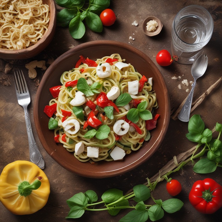 Zucchini-Feta-Pilz-Pasta mit Paprika