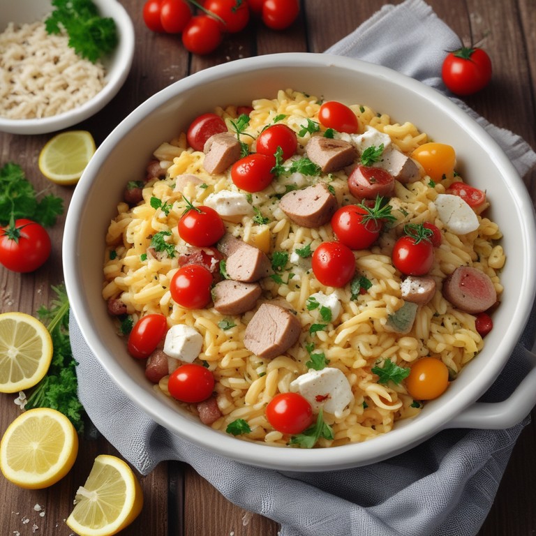 Lemon Pork Orzo Bake with Feta and Herbs