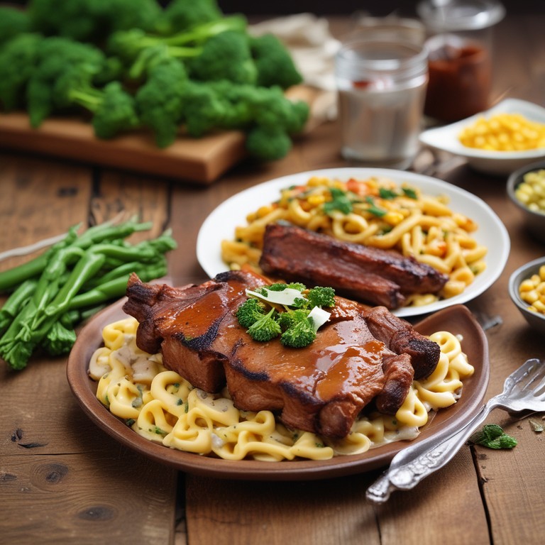 Hearty Country Style Pork Ribs with Creamy Mushroom Sauce and Cheesy Vegetable Medley