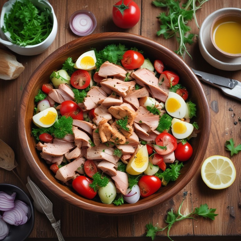 Сытный салат с копченой курицей и свининой