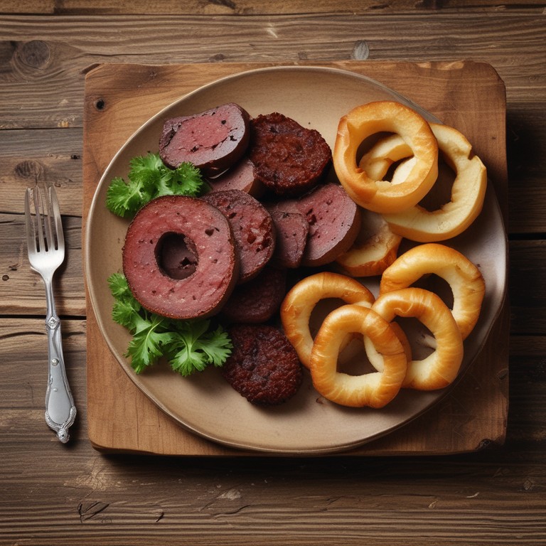 Blutwurst-Kartoffel-Apfel-Toast mit Zwiebelringen