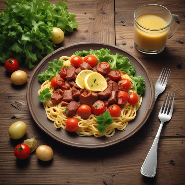 Macarrão com Molho de Tomate e Carne com Batatas