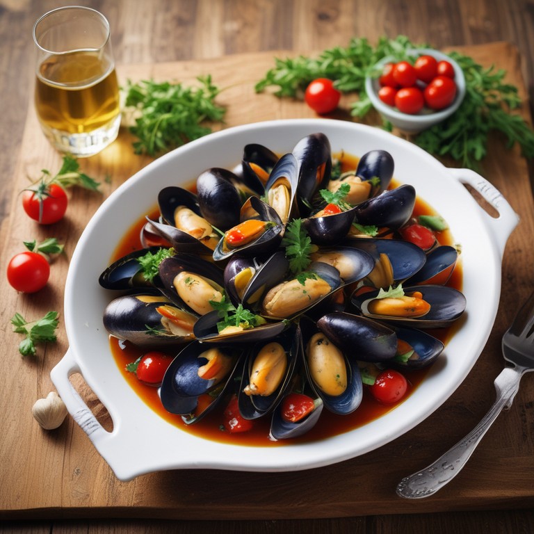 Muscheln in Weißweinsauce mit Auberginen und Tomaten