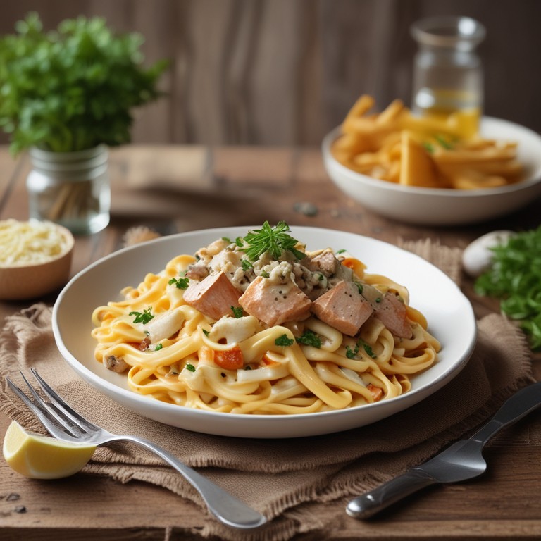 Nudeln mit Fisch, Käse und Mais-Leber-Sauce