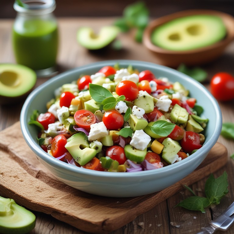 Mediterraner Avocado-Feta-Salat mit knusprigem Brot