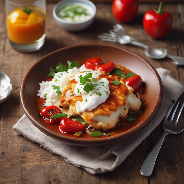 Hähnchenfilet mit Reis und Paprika in Tomatensauce
