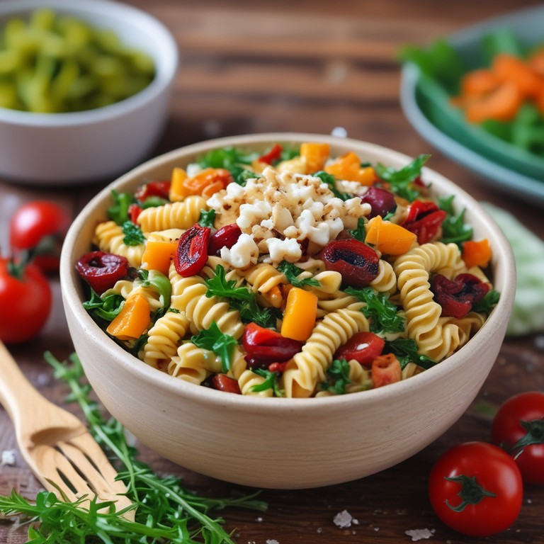 Nudelsalat mit Kürbiskernen, getrockneten Tomaten, Hirtenkäse und Rucola