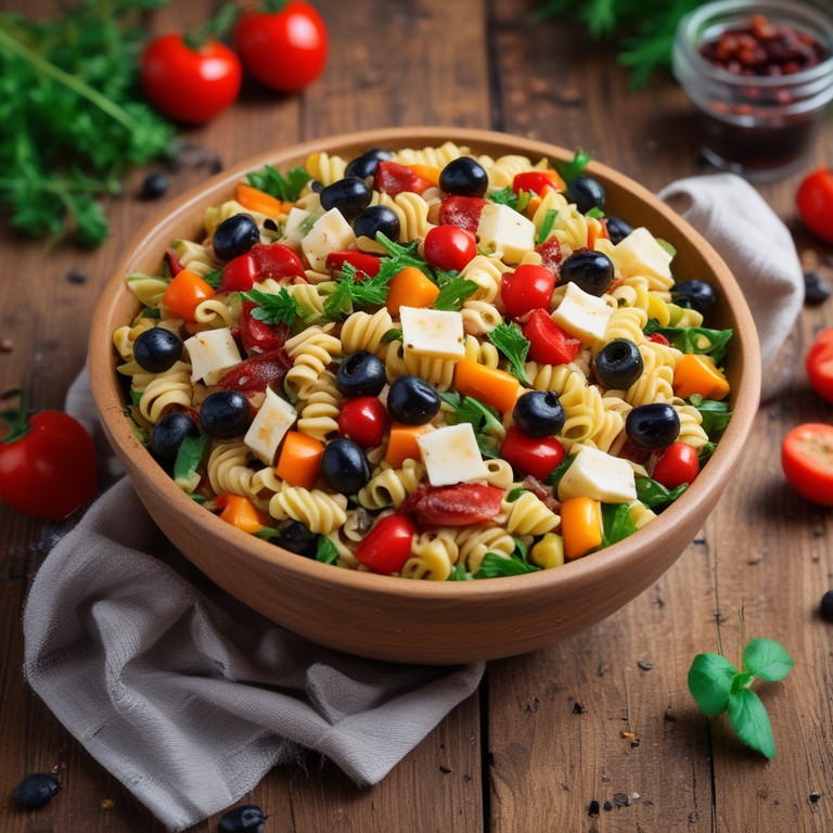 Nudelsalat mit Kürbiskernen, getrockneten Tomaten, Hirtenkäse, Rucola, Oliven und mehr