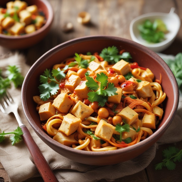 Spicy Tofu and Chickpea Pasta with Potatoes and Onions