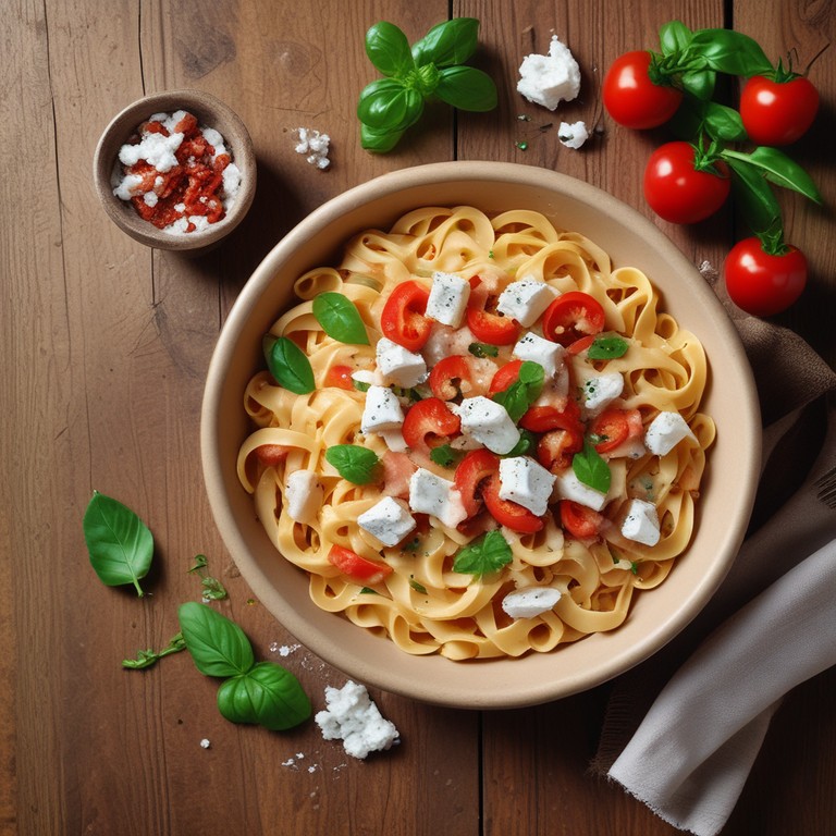 Romige Tagliatelle met Tomaat, Feta, Kipfilet, Tomatenpolpa en Rode Peper
