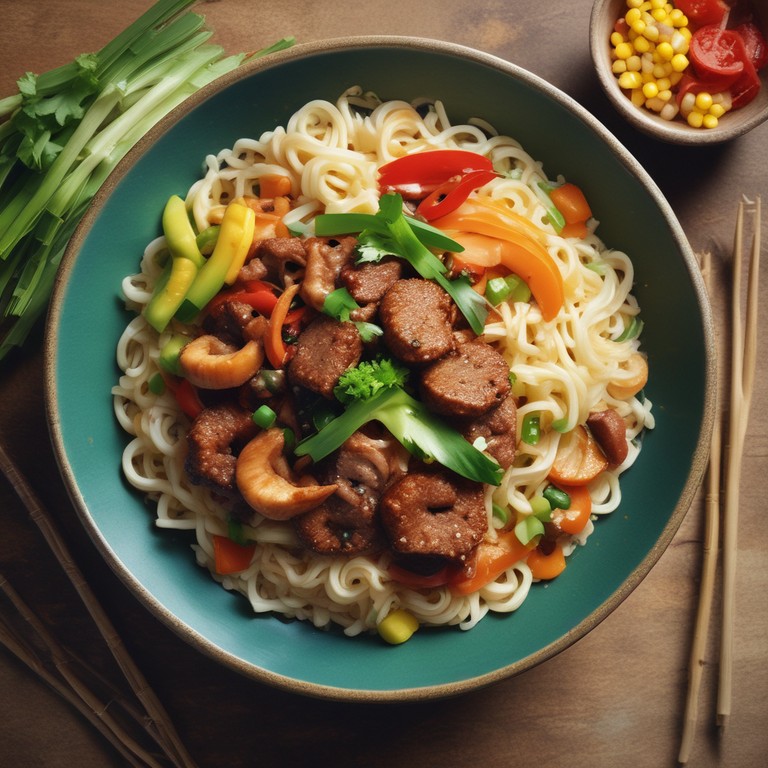 Fideos de Arroz con Hamburguesa y Mariscos