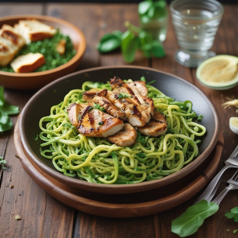 Herzhafte Zucchini-Nudeln mit Pesto und Hähnchen