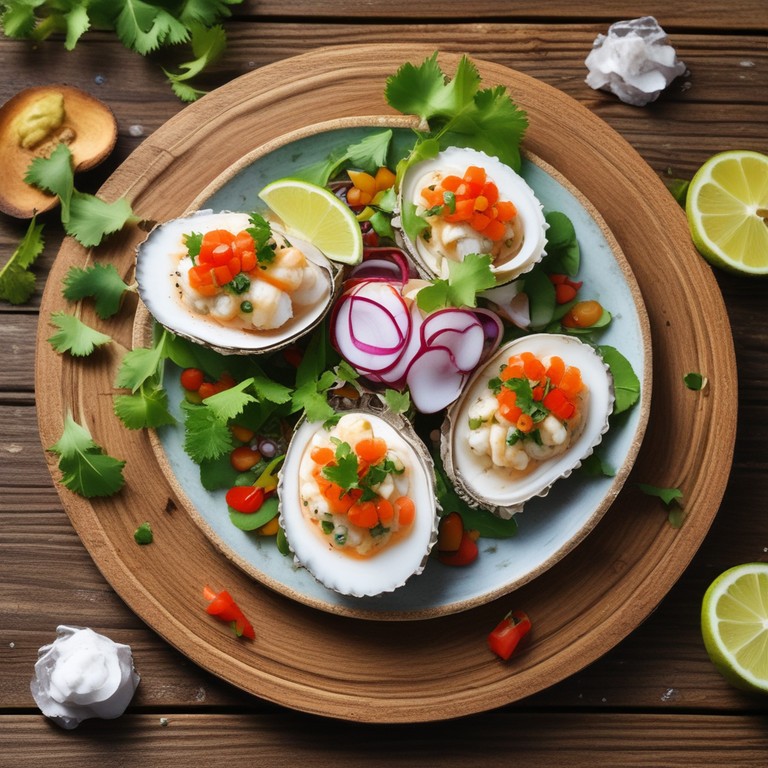 Ceviche de Pescado con Falso Caviar de Coco y Aceite Verde en Concha de Ostra