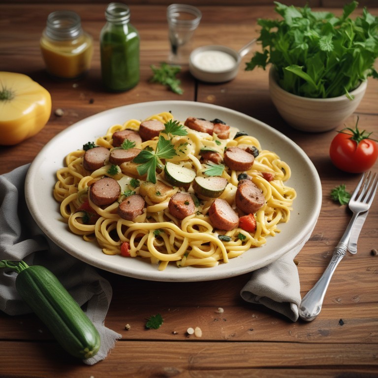 Макароны с кабачками, сосисками и сыром