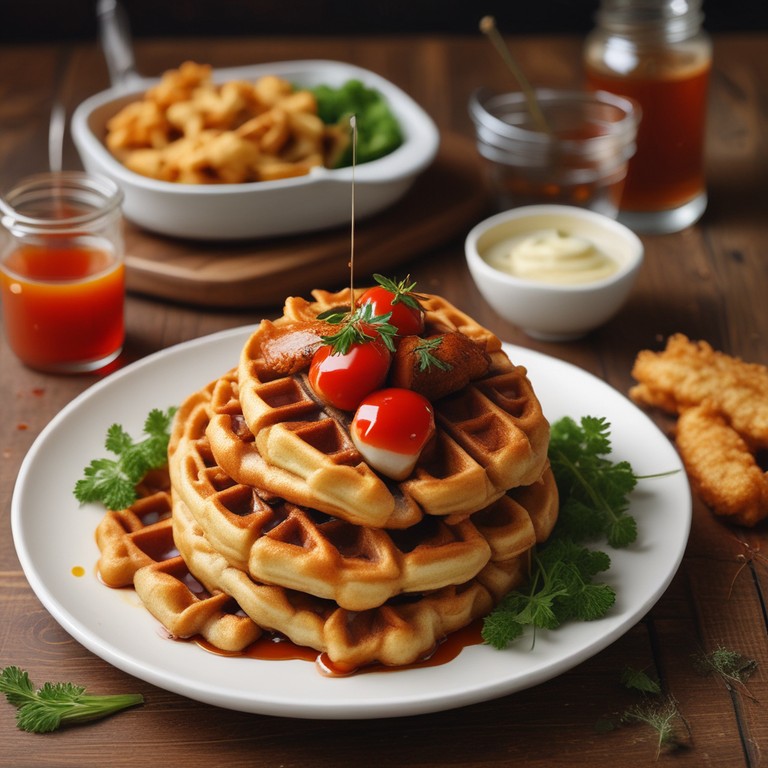 Savory Chicken Waffles and Pancakes with Ketchup and Maple Syrup