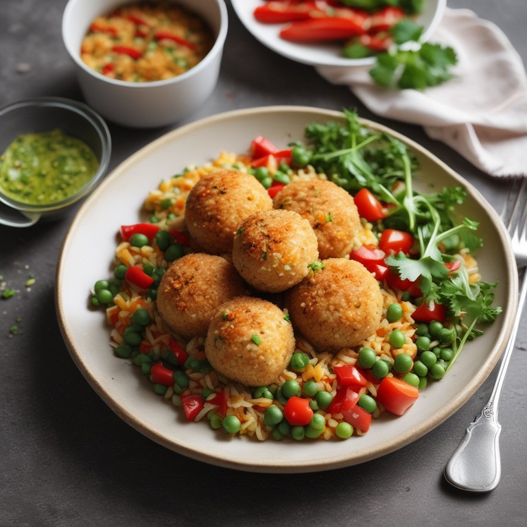 Spanische Vegetarische Reisbällchen mit Paprika und Erbsen